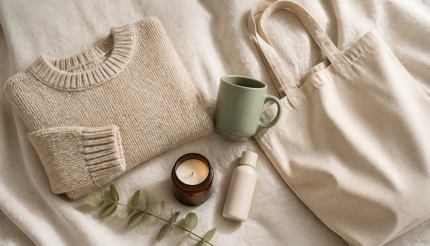 Flat lay of today's favorite finds — a knit sweater, tote bag, mug, candle, and skincare